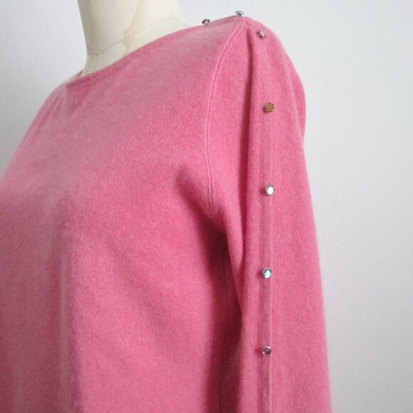 Rose Pink Cashmere Sweater Rhinestone Button Detail on Shoulders and Sleeves - Picture 4 of 11